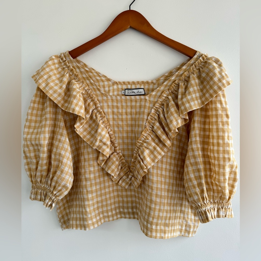 Innika Choo - Size 1- Cotton Gingham Frill Blouse - Anita Eayte Toffee